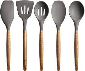 Zollyss Non-Stick Silicone Cooking Utensils Set with Natural Acacia Hard Wood Handle, 5 Piece, Grey, High Heat Resistant